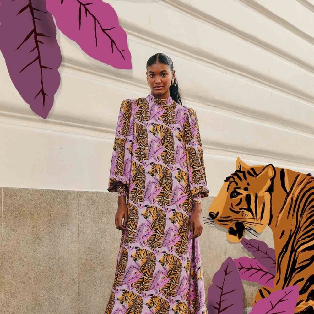 FARM Rio Purple and Yellow Tiger Print Midi Dress